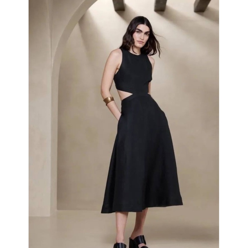 Banana Republic Lina Linen Midi Dress Black Cutout Open Back Size 12